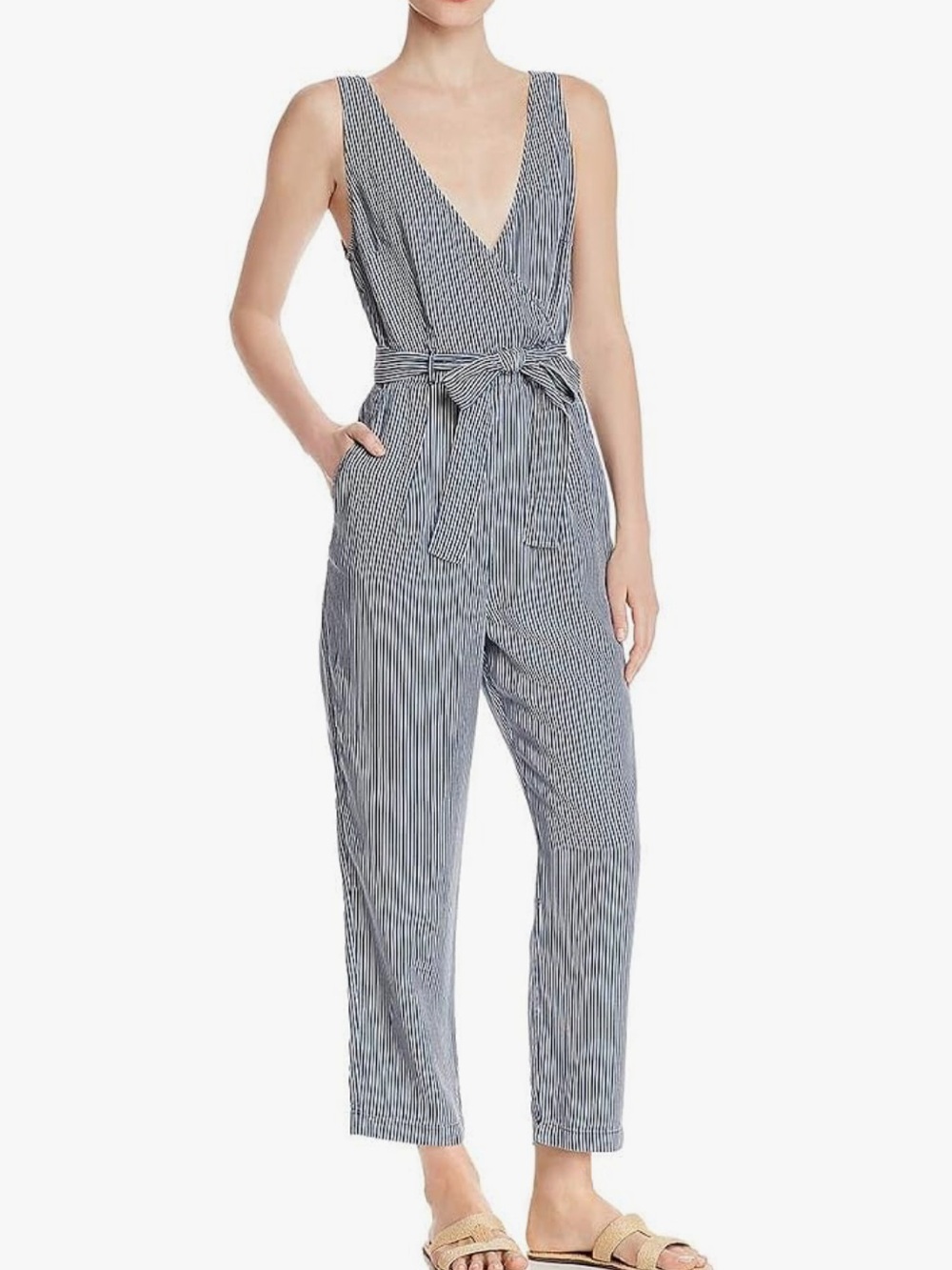 French Connection Striped V-Neck Sleeveless Jumpsuit with Tie Waist